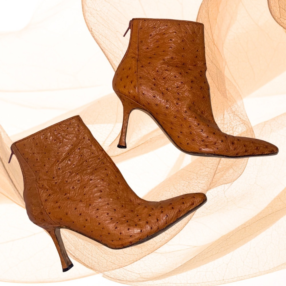 Vintage Manolo Blahnik Ankle Boots | US 6.5 | Brown Ostrich Leather - Italy